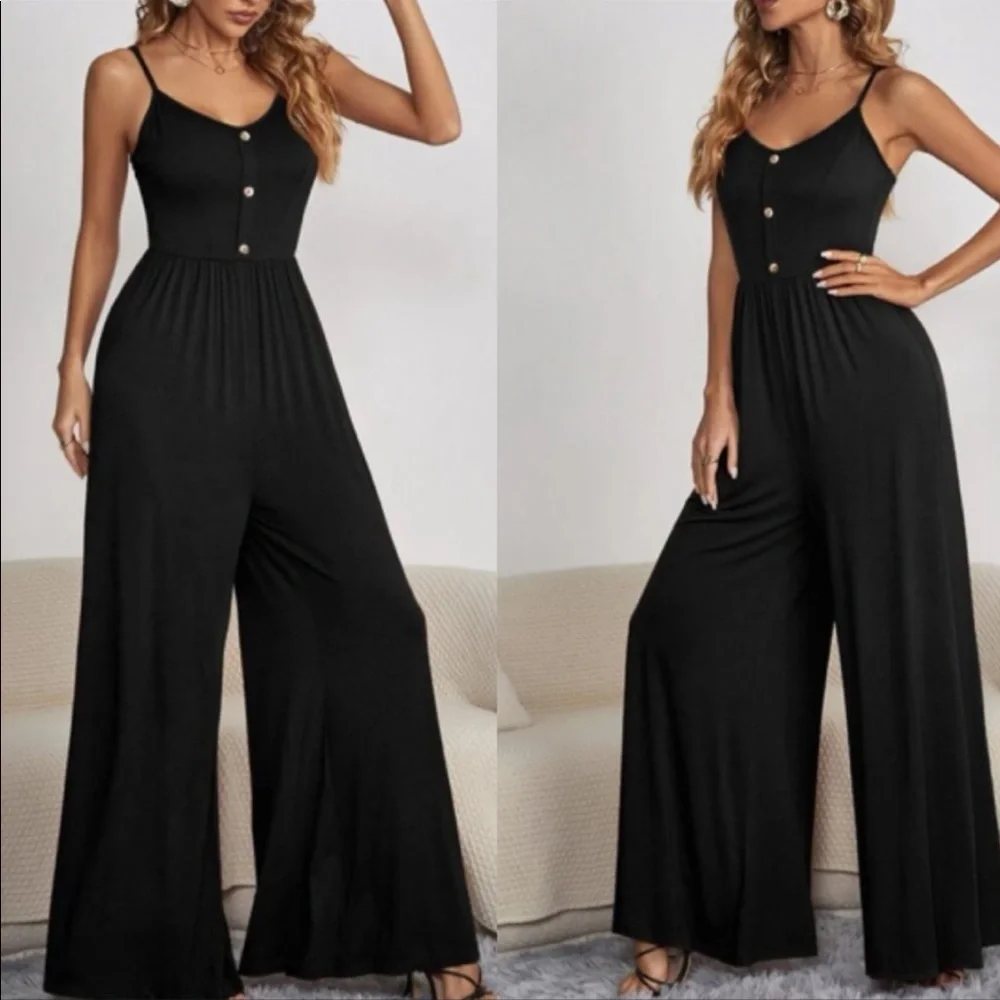 Boho button detail spaghetti straps Wide Leg jumpsuit GREEN - Picture 9 of 15